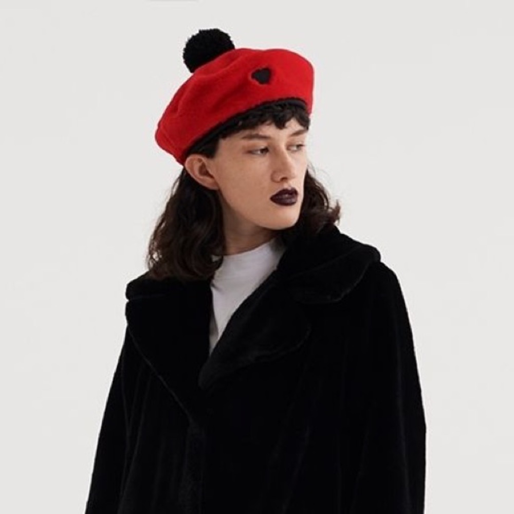 NWT Lazy Oaf Red Beret with Black Heart and Pom Pom